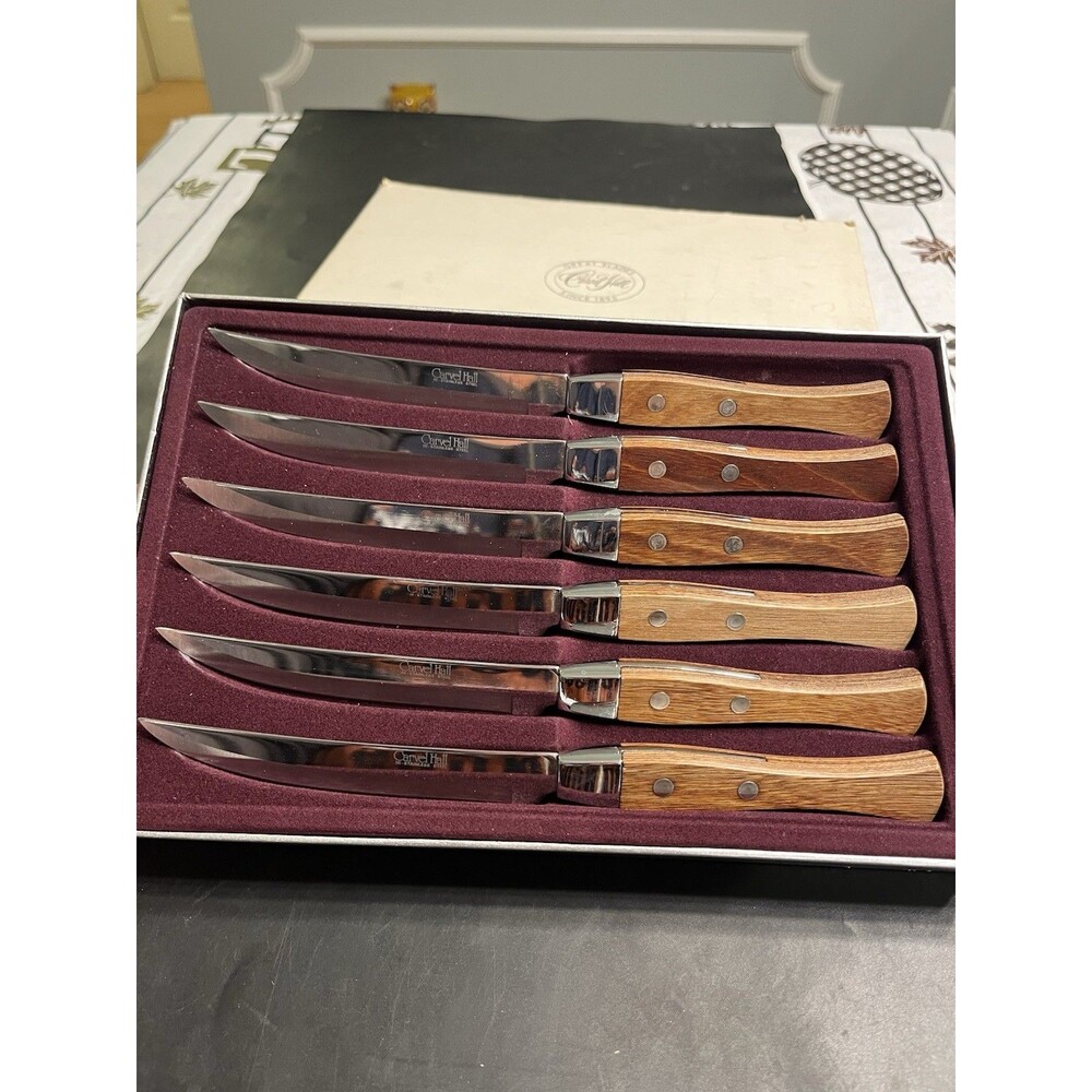 Vtg Carvel Hall Wood Handle Stainless Steak Knives 6pc IOB Japan